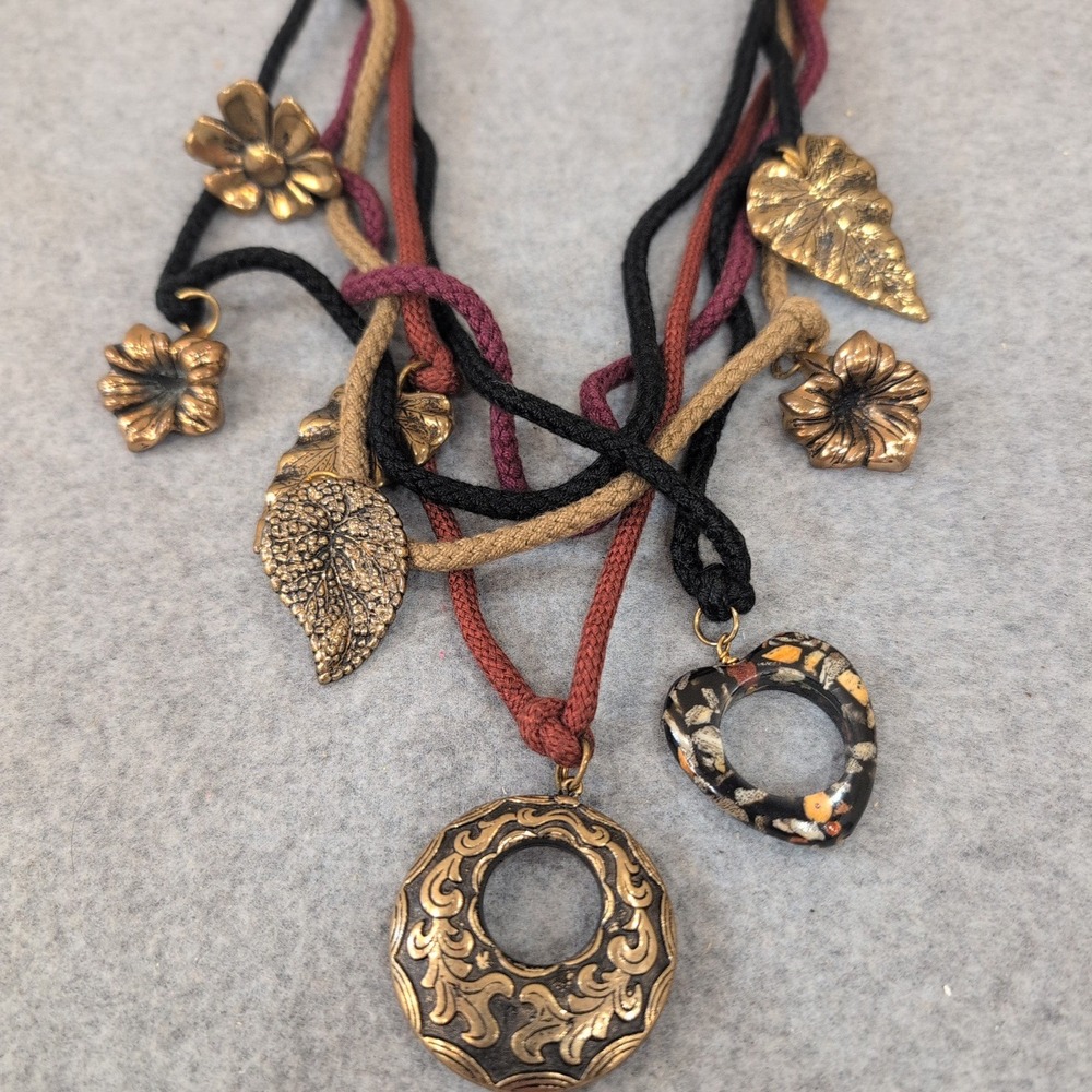 Bohemian Beaded Leaf Flower Heart Charm Multi Strand Necklace - Picture 1 of 8